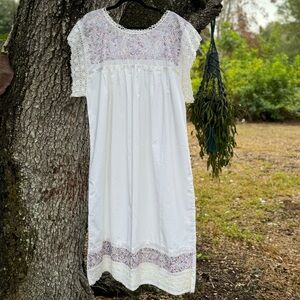 Vtg.Oaxaca Handmade embroidered white+purple maxi dress with crochet details. XL